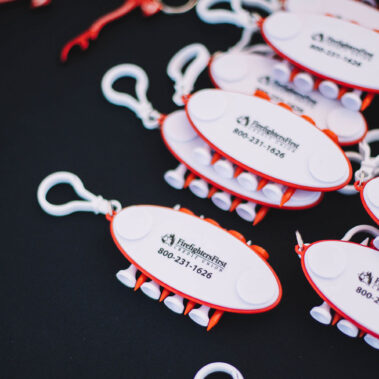 A nice close up of the Firefighters First Credit Union key chains