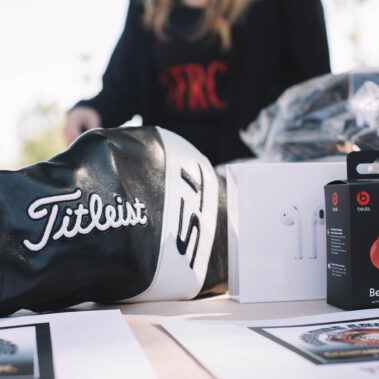 Titleist and other raffle items on display