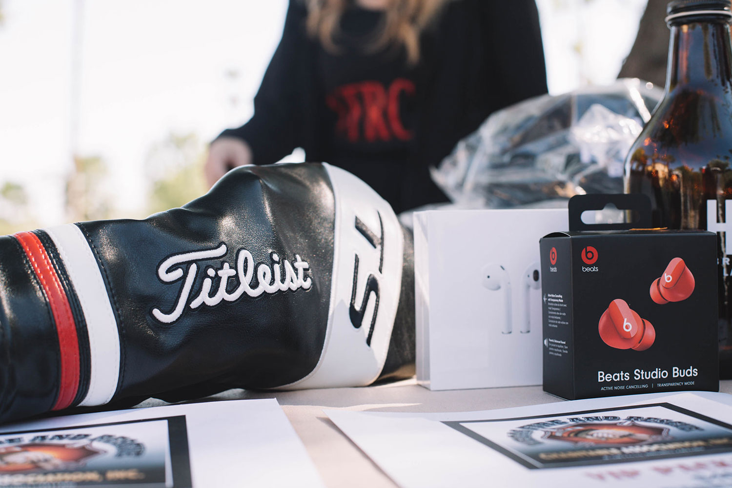 Titleist and other raffle items on display
