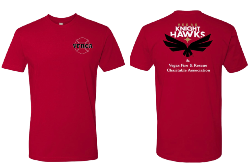 Front and back of red t-shirts for Vegas Knight Hawks football game.