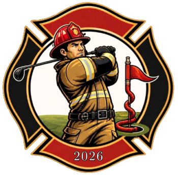 Cartoon fireman swing a golf club for VFRCA golf tournament logo.