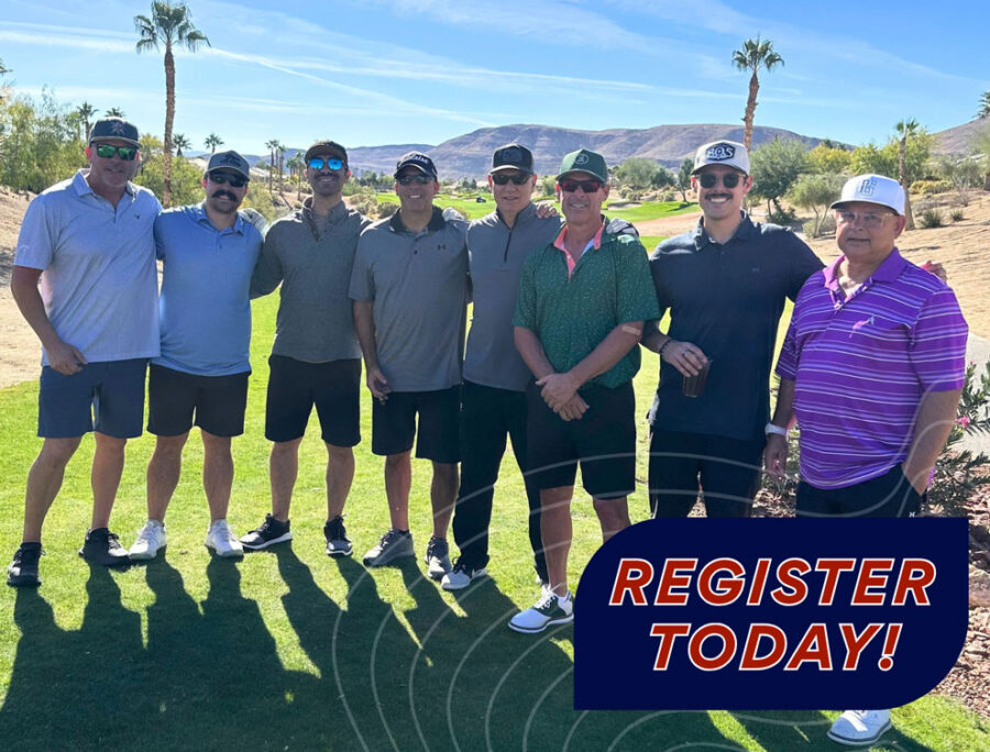 Group of men golfers posing for a picture with a Register Today! promotion for VFRCA Golf Tournament, 2026
